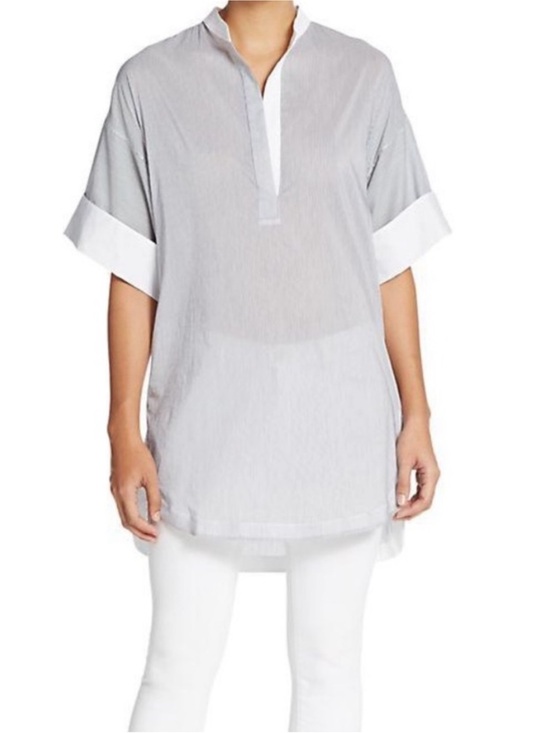 3.1 Phillip Lim Tops - 3.1 Phillip Lim Pinstripe Tunic White Cuff Split‎ Neck Short Sleeve Size 2